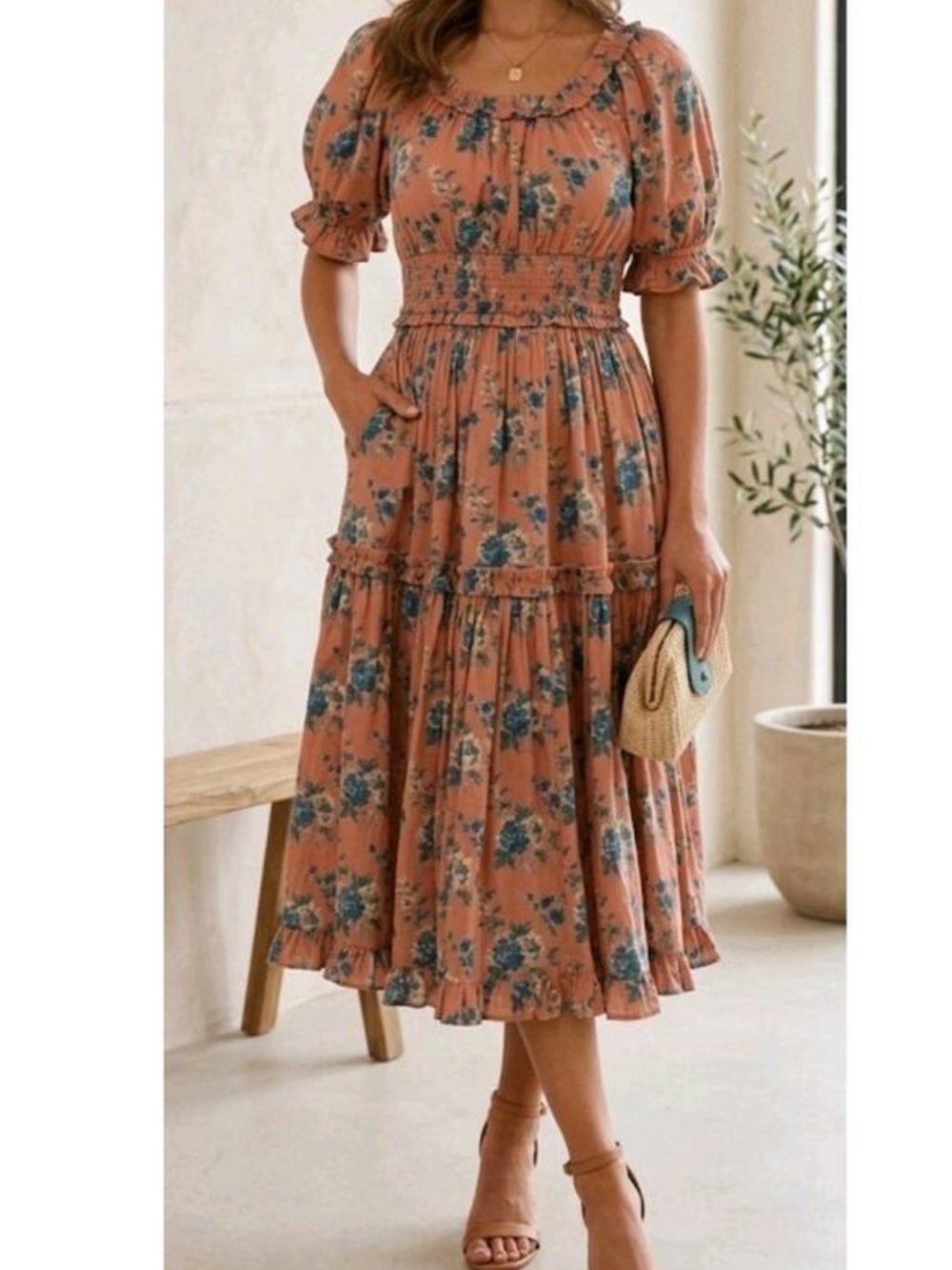 Ivy City Co Elena Floral Smocked Waist Midi Dress in Peach with Blue Blooms